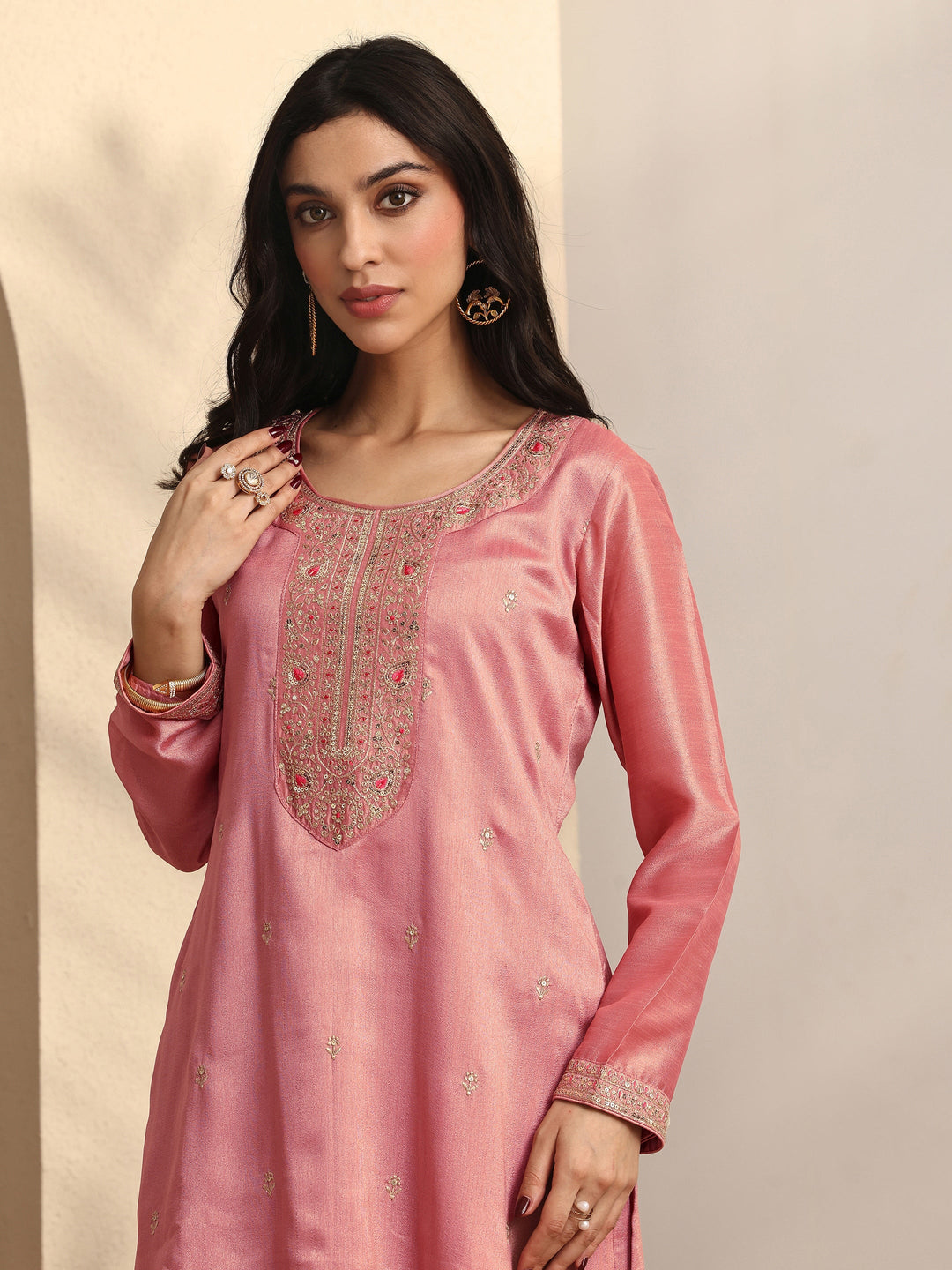 Pink Embroidered Silk blend Straight Suit Set With Dupatta