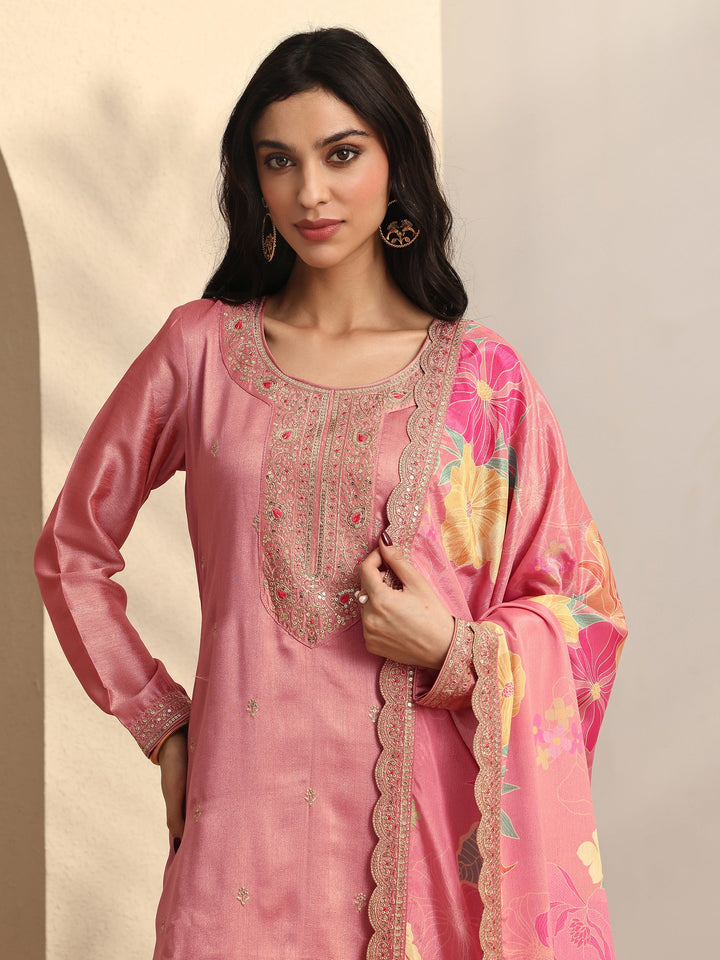 Pink Embroidered Silk blend Straight Suit Set With Dupatta