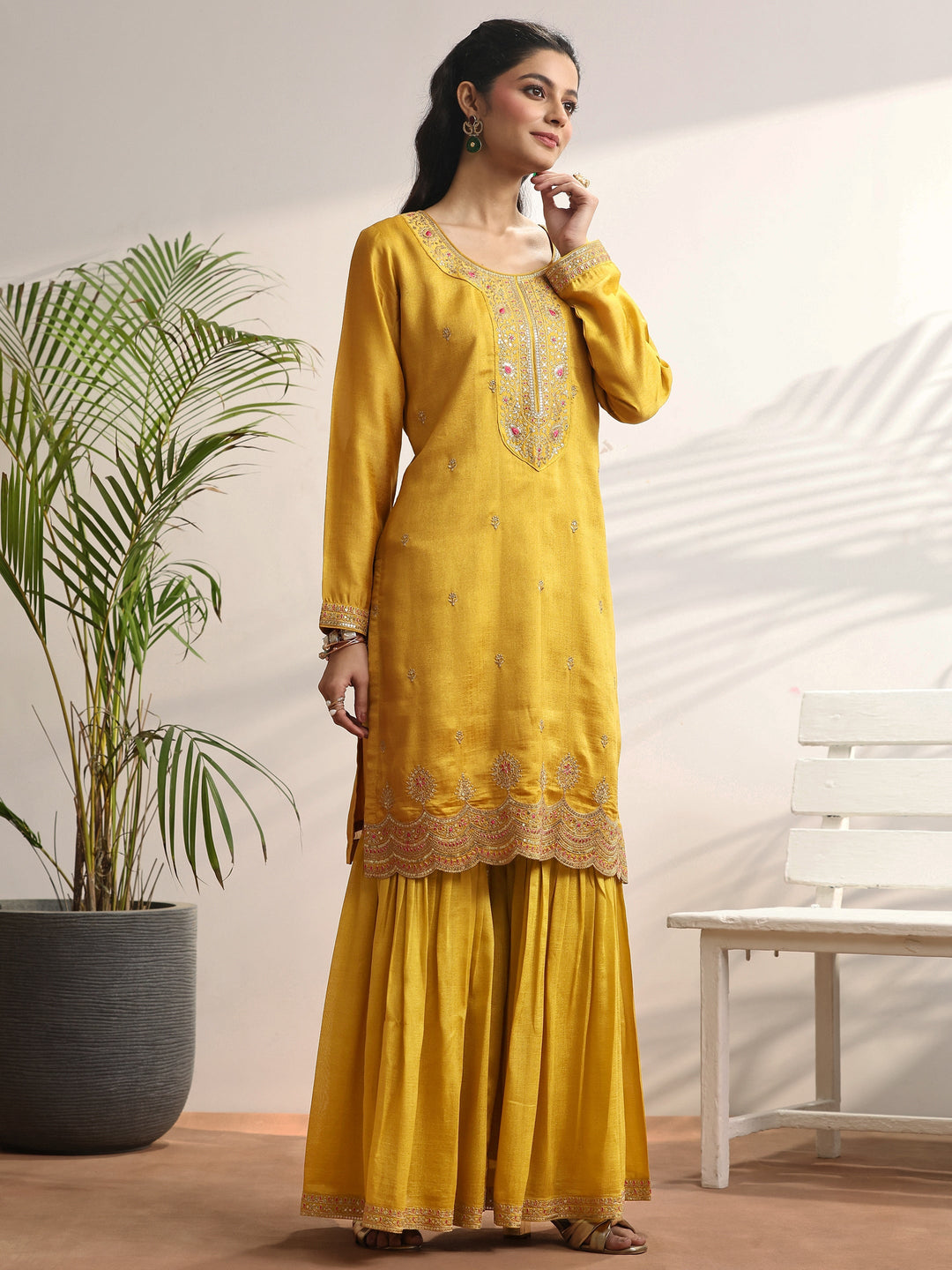 Mustard Embroidered Silk blend Straight Suit Set With Dupatta