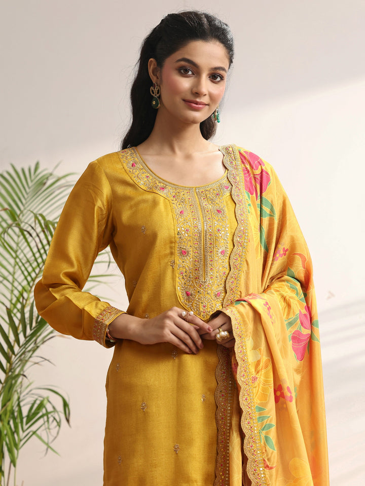 Mustard Embroidered Silk blend Straight Suit Set With Dupatta