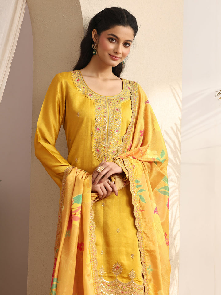 Mustard Embroidered Silk blend Straight Suit Set With Dupatta