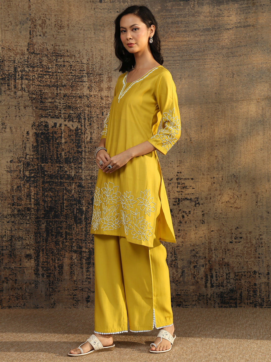 Yellow Printed Silk Blend Co-Ord Set