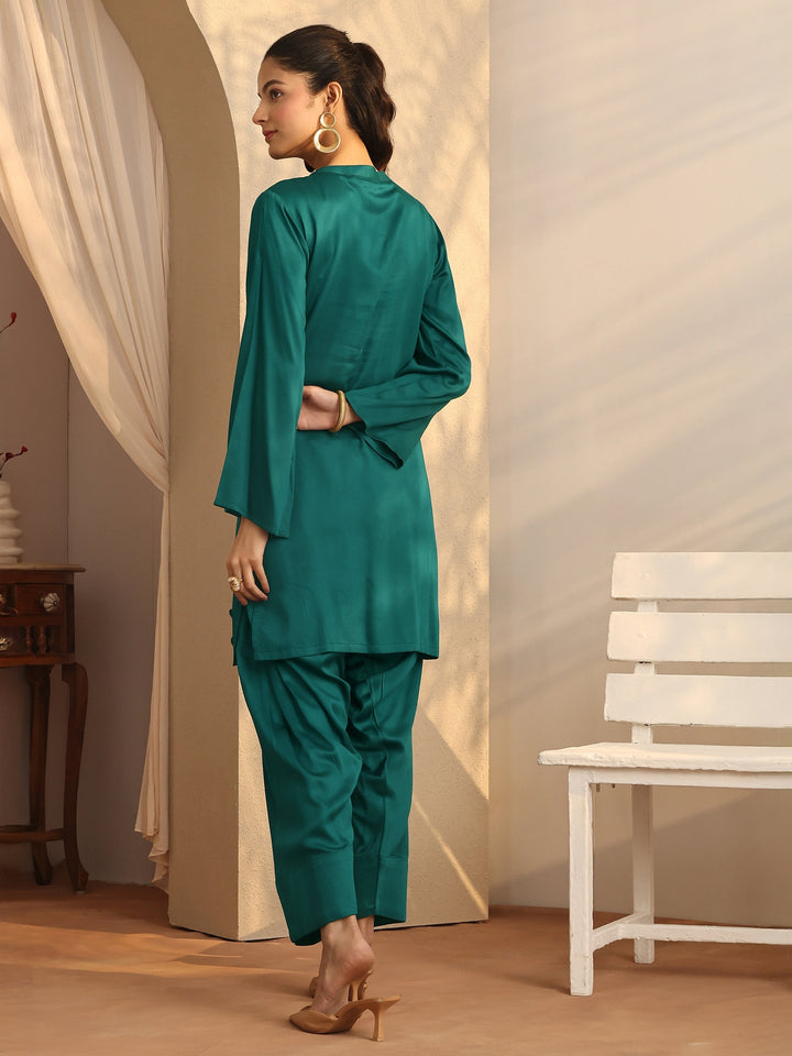 Teal Embroidered Silk Blend Co-Ord Sets
