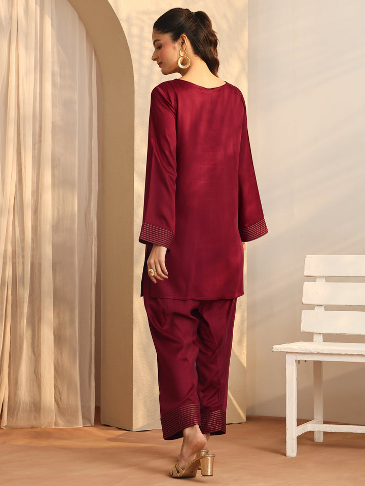 Maroon Embroidered Silk Blend Co-Ord Sets