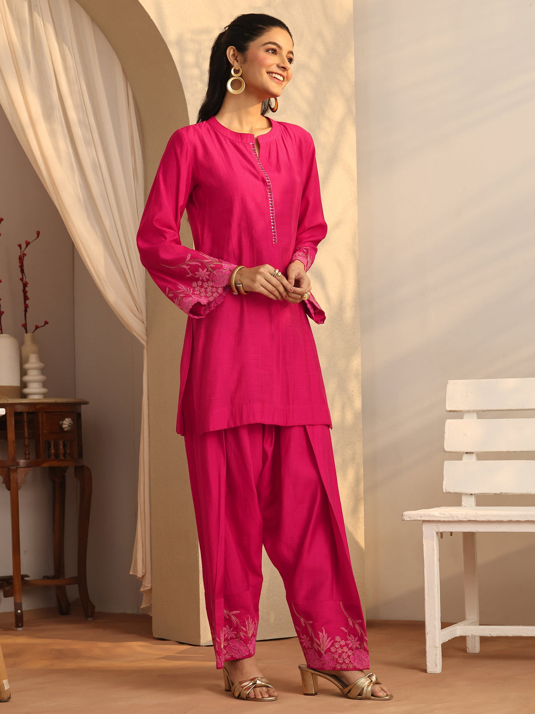 Pink Embroidered Silk Blend Co-Ord Sets