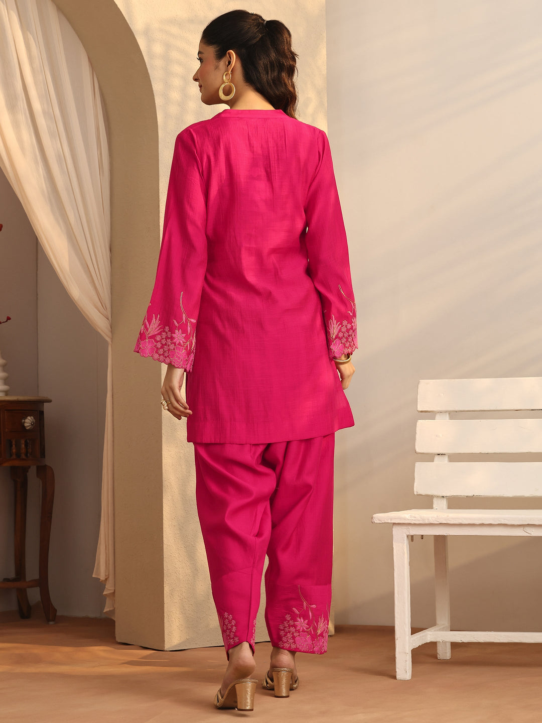 Pink Embroidered Silk Blend Co-Ord Sets