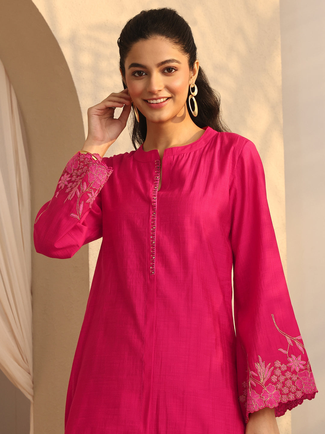 Pink Embroidered Silk Blend Co-Ord Sets