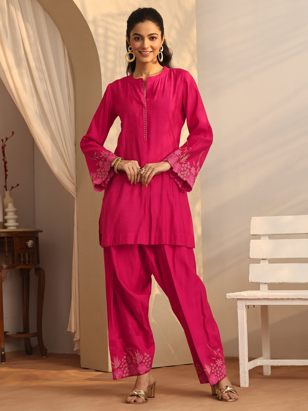 Pink Embroidered Silk Blend Co-Ord Sets