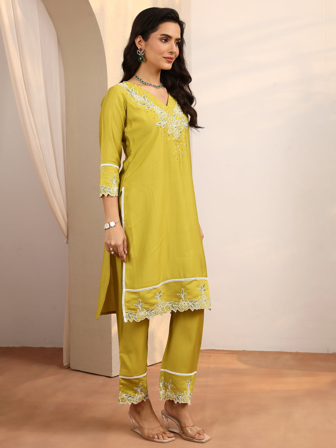 Green Printed Silk Blend Co-Ord Set