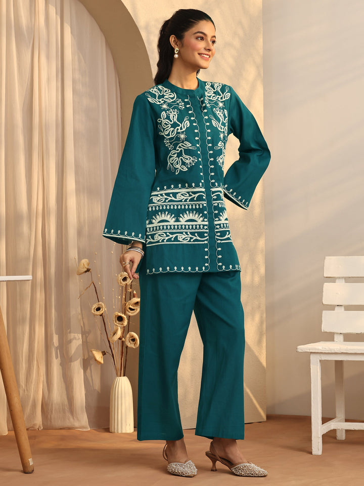 Teal Embellished Cotton Blend Co-Ord Sets