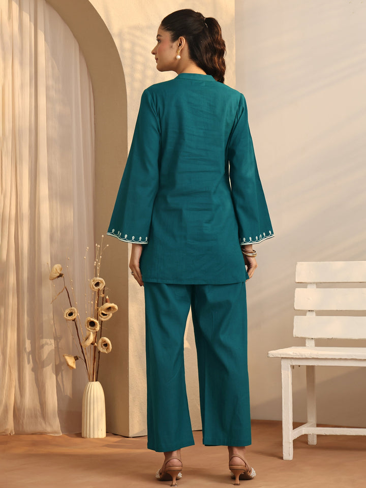 Teal Embellished Cotton Blend Co-Ord Sets