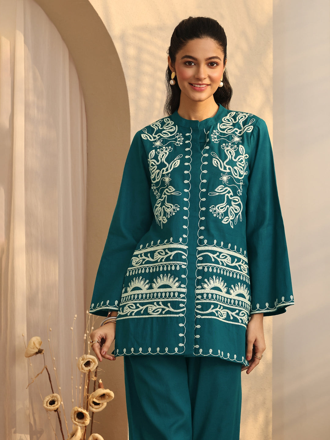 Teal Embellished Cotton Blend Co-Ord Sets