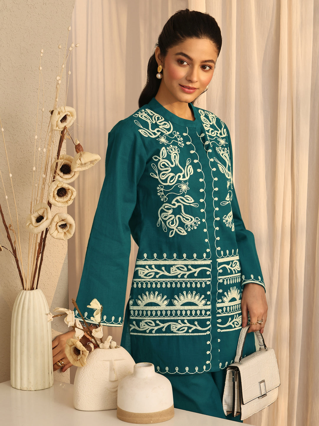 Teal Embellished Cotton Blend Co-Ord Sets
