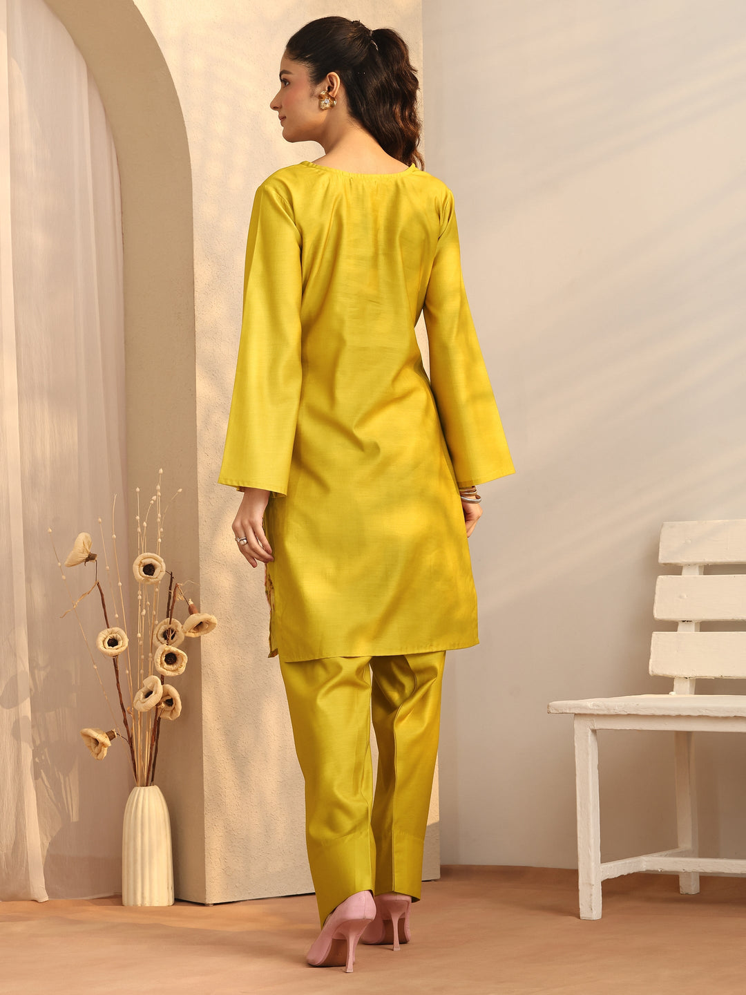 Mustard Embroidered Silk Blend Co-Ord Sets