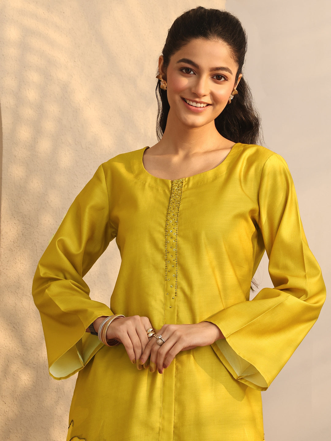 Mustard Embroidered Silk Blend Co-Ord Sets