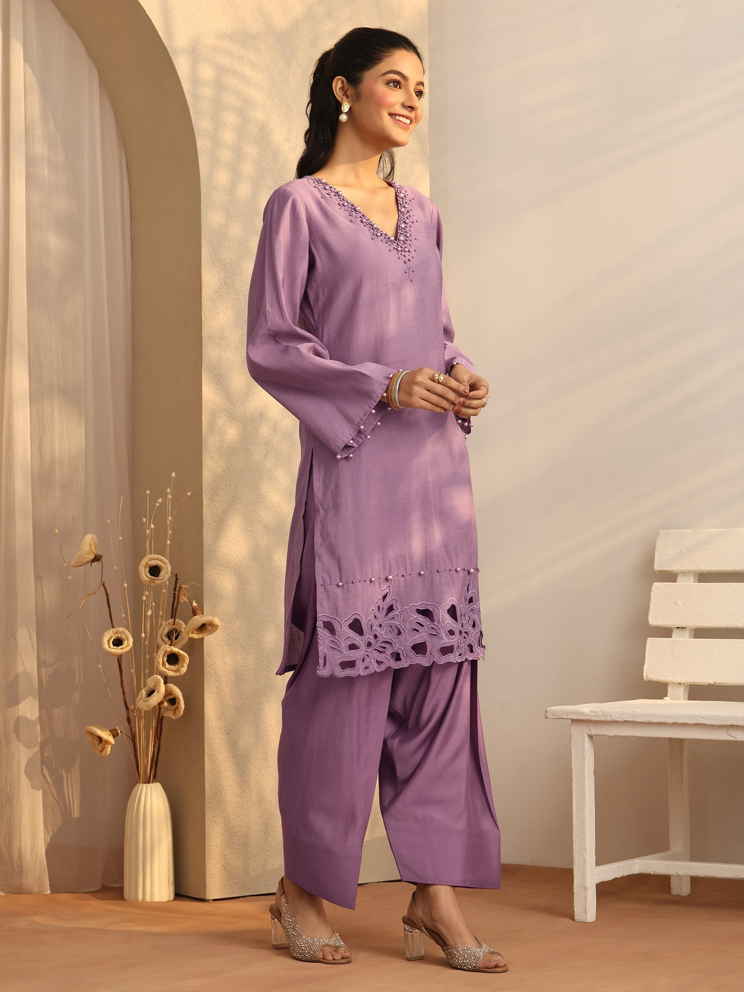 Mauve Embellished Silk Blend Co-Ord Sets