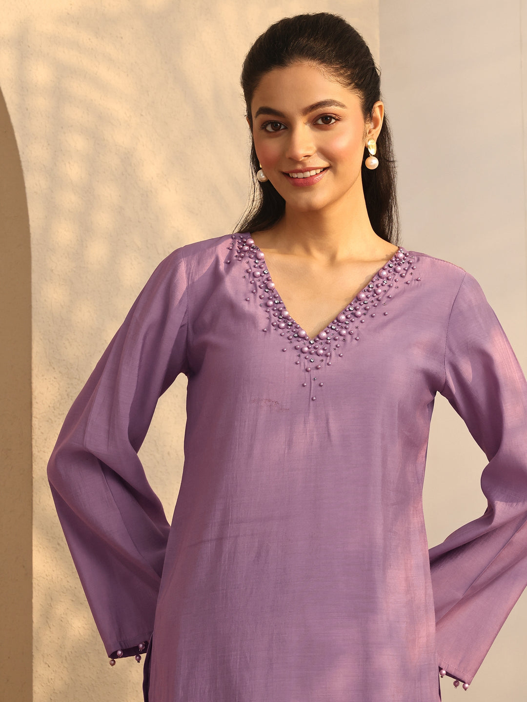 Mauve Embellished Silk Blend Co-Ord Sets