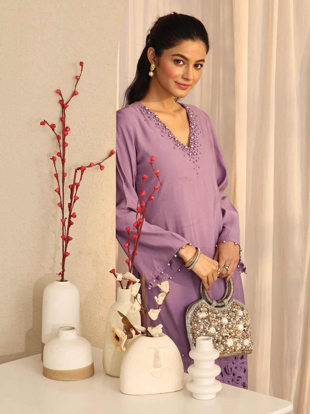 Mauve Embellished Silk Blend Co-Ord Sets