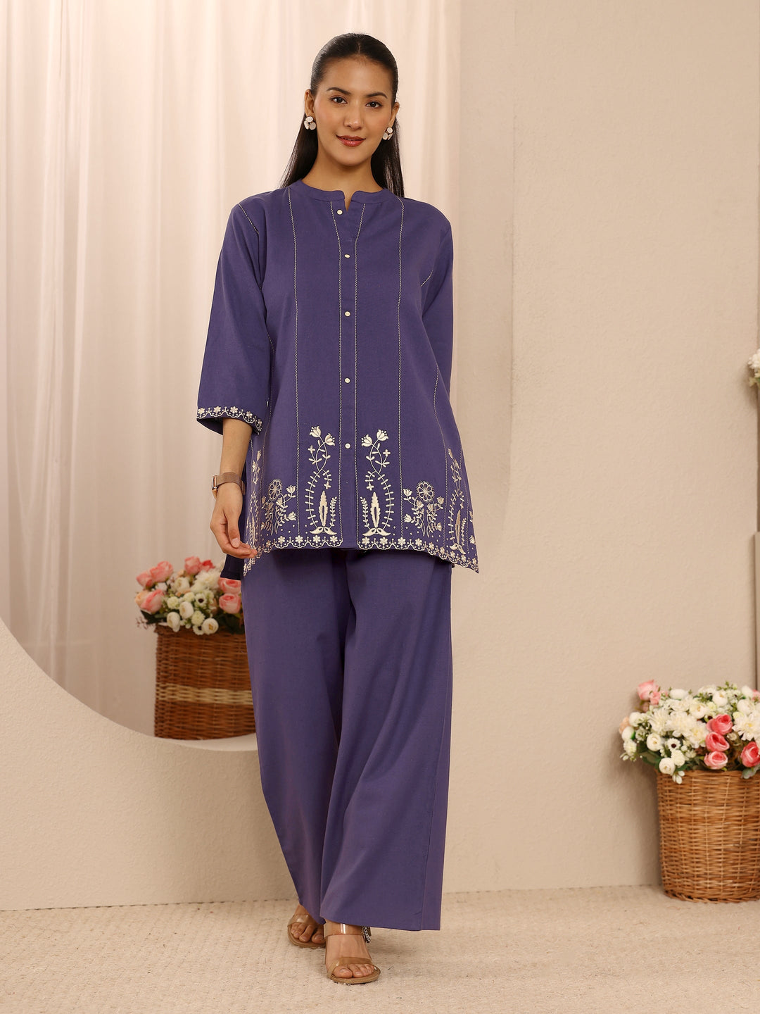 Purple Floral Embroidered Cotton Blend Co-Ord Set