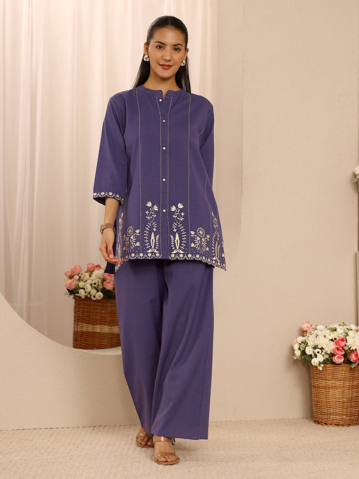 Purple Floral Embroidered Cotton Blend Co-Ord Set