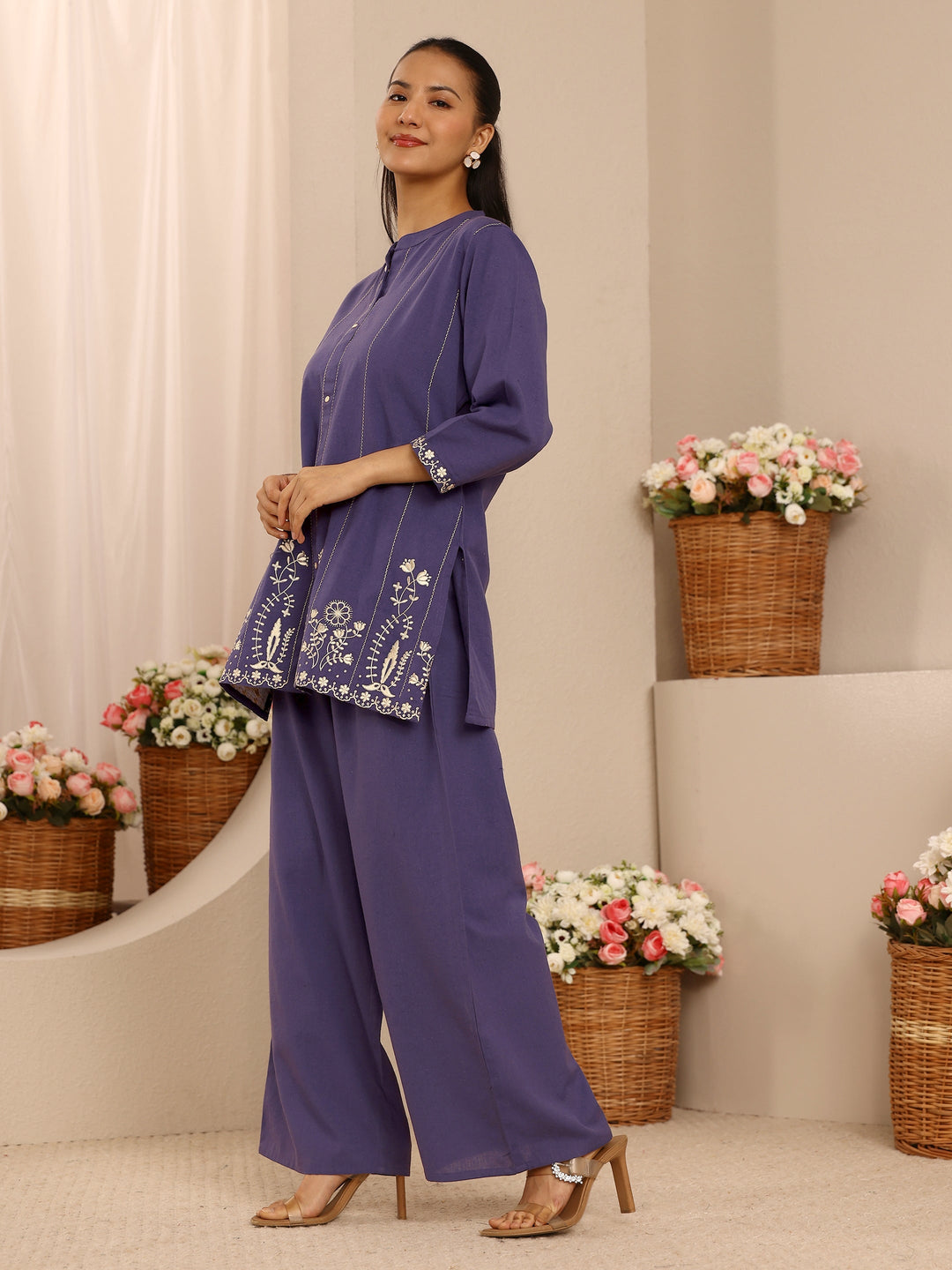 Purple Floral Embroidered Cotton Blend Co-Ord Set