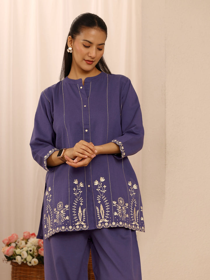 Purple Floral Embroidered Cotton Blend Co-Ord Set