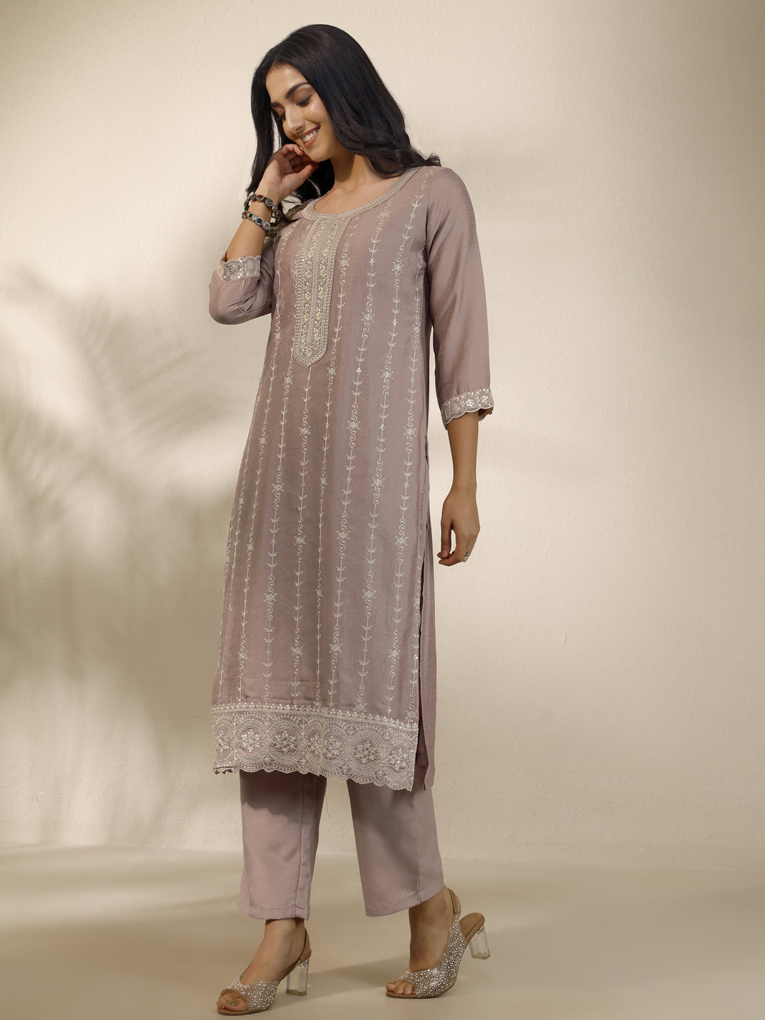 Mauve Embroidered Silk Blend Straight Suit Set With Dupatta