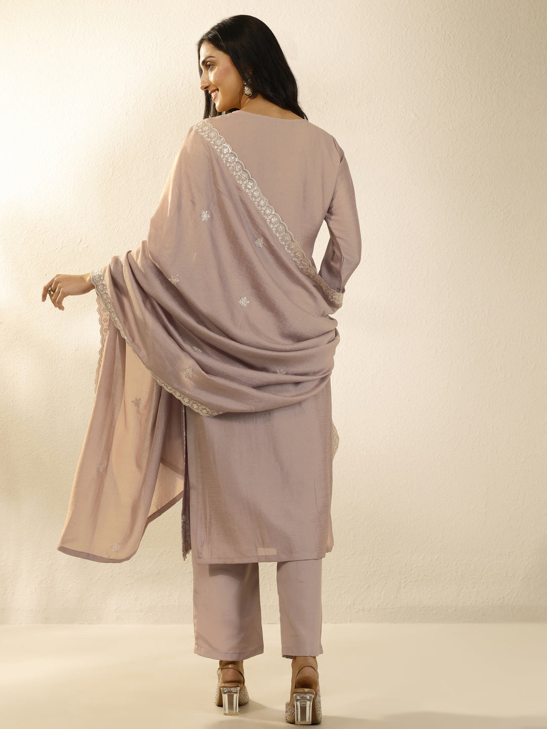 Mauve Embroidered Silk Blend Straight Suit Set With Dupatta