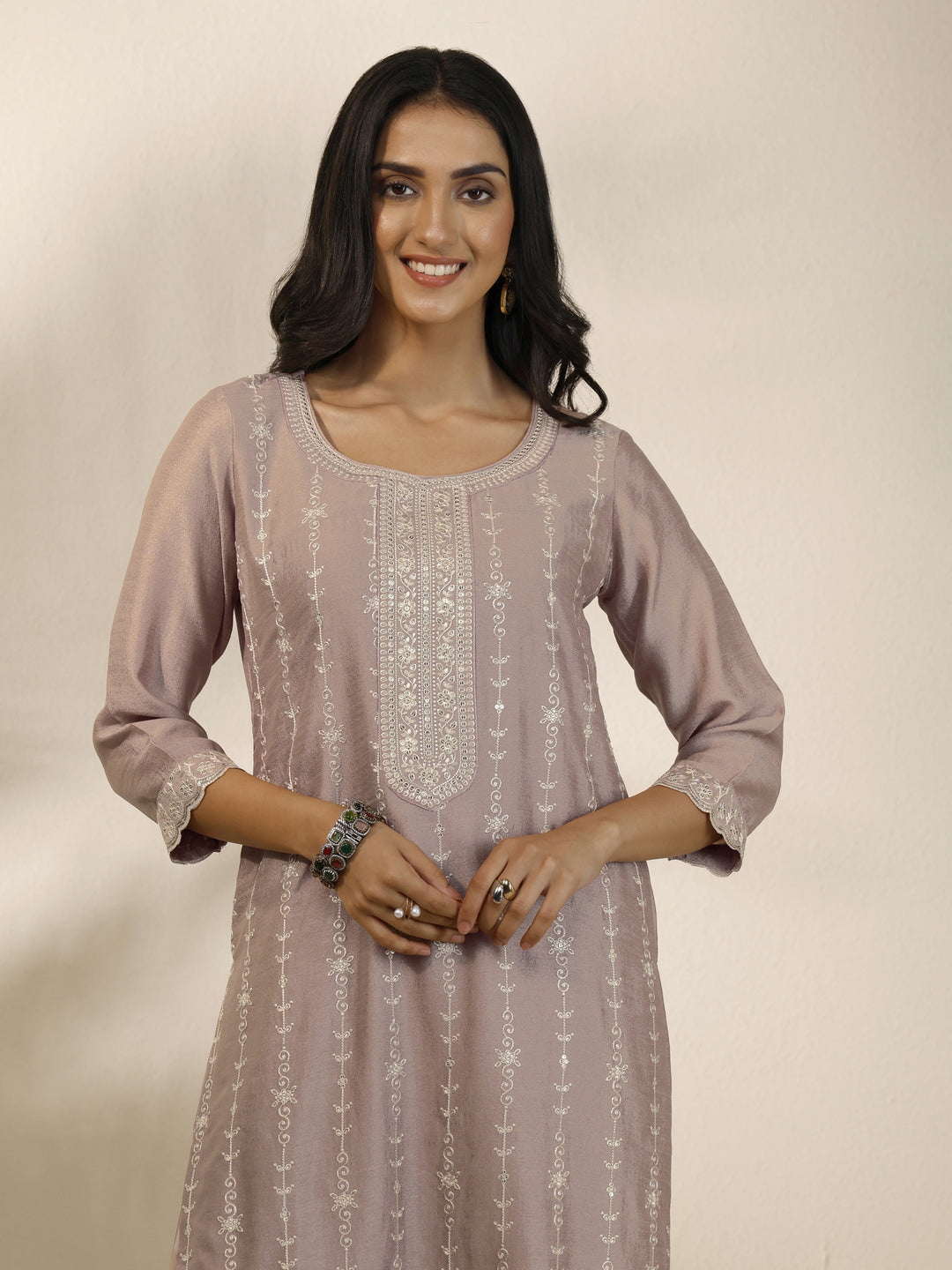 Mauve Embroidered Silk Blend Straight Suit Set With Dupatta