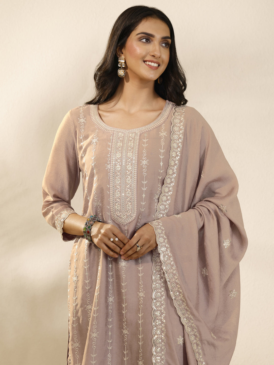 Mauve Embroidered Silk Blend Straight Suit Set With Dupatta
