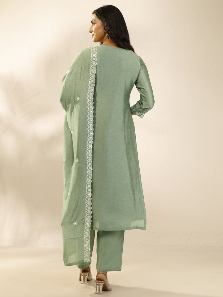 Green Embroidered Silk Blend Straight Suit Set With Dupatta