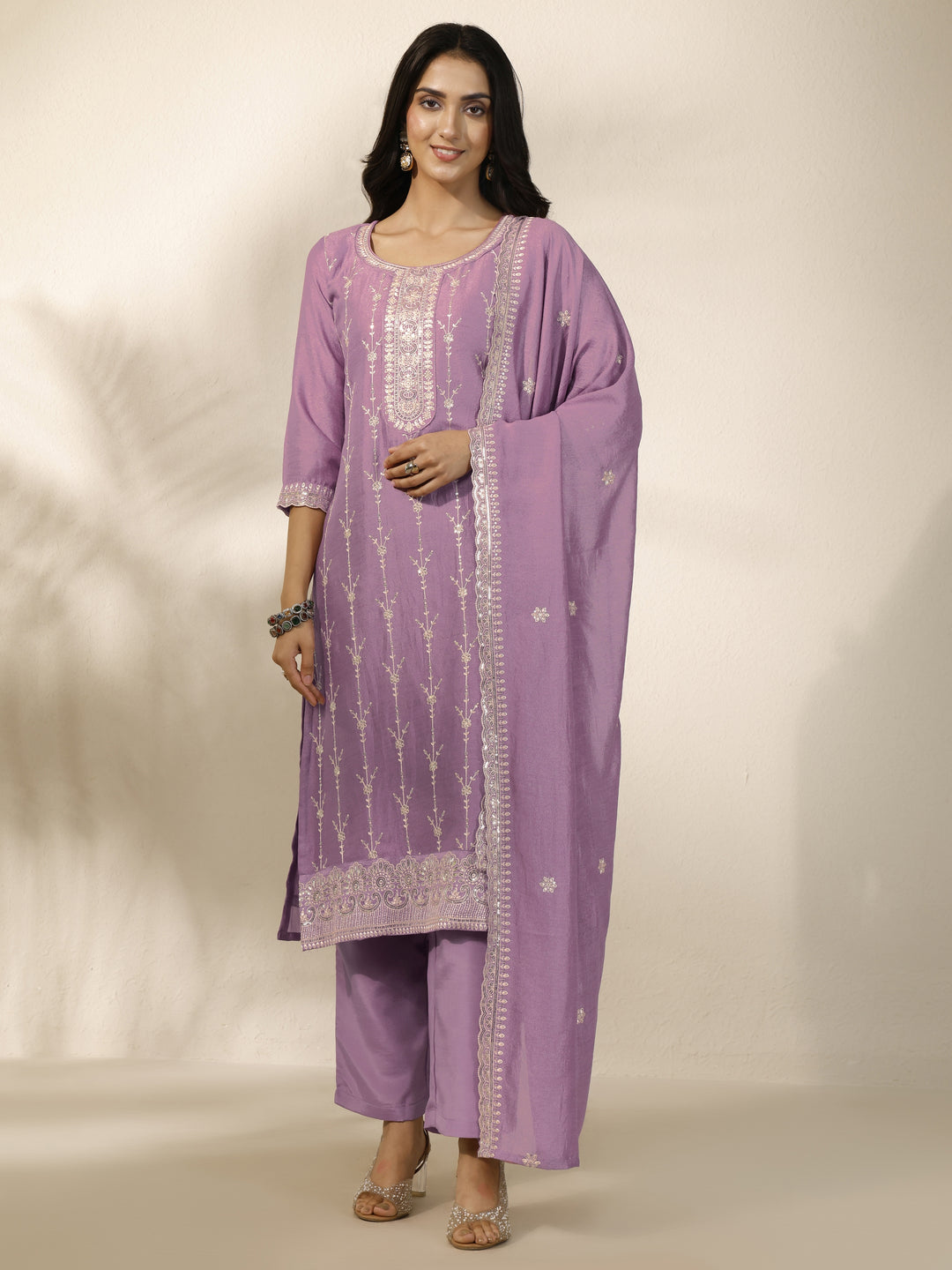 Lavender Embroidered Silk Blend Straight Suit Set With Dupatta