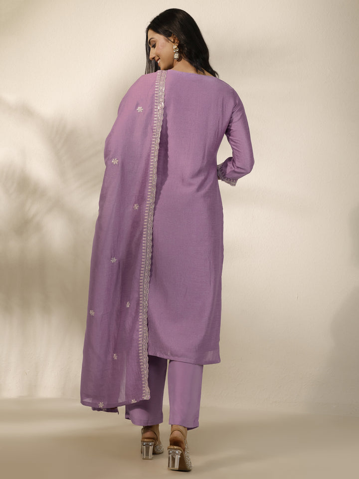 Lavender Embroidered Silk Blend Straight Suit Set With Dupatta
