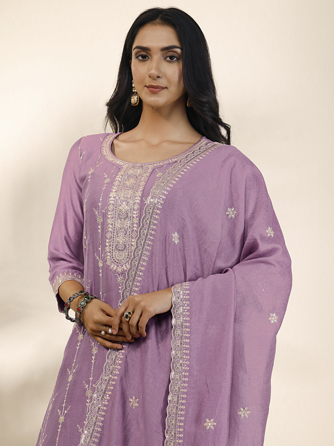 Lavender Embroidered Silk Blend Straight Suit Set With Dupatta
