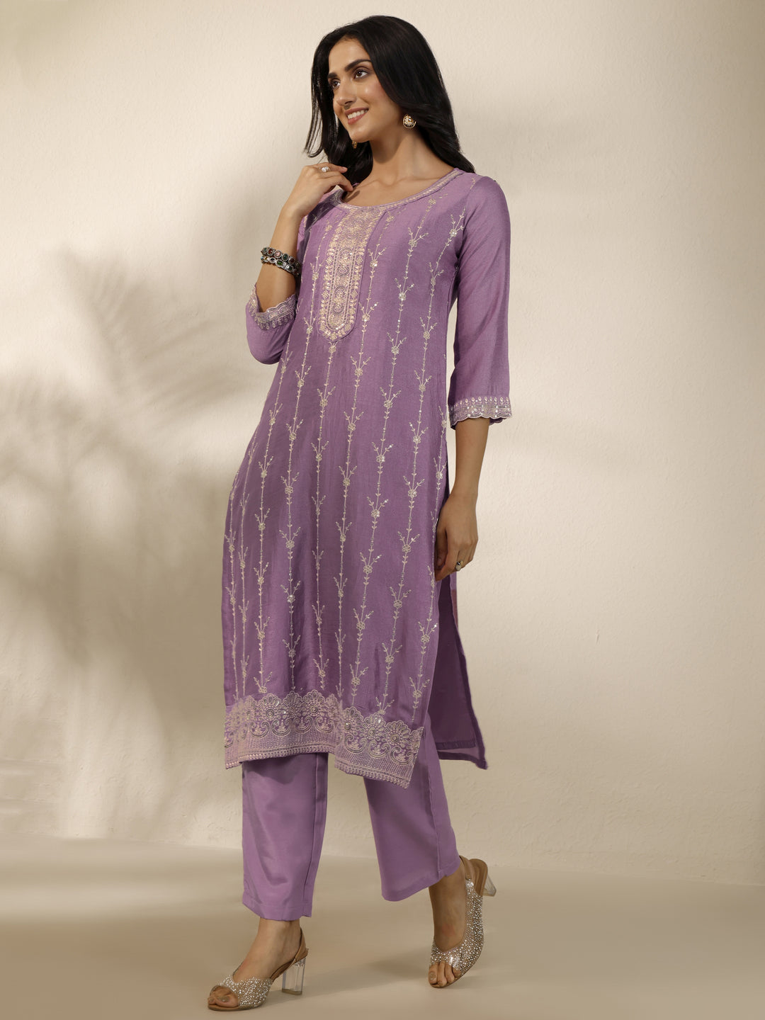 Lavender Embroidered Silk Blend Straight Suit Set With Dupatta
