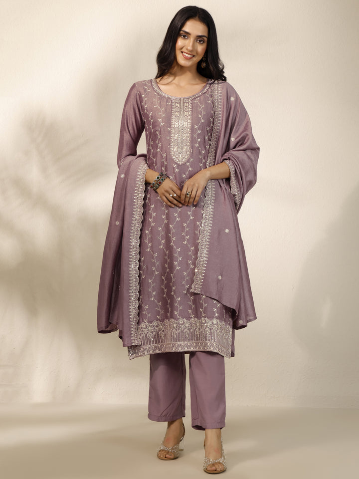Mauve Embroidered Silk Blend Straight Suit Set With Dupatta