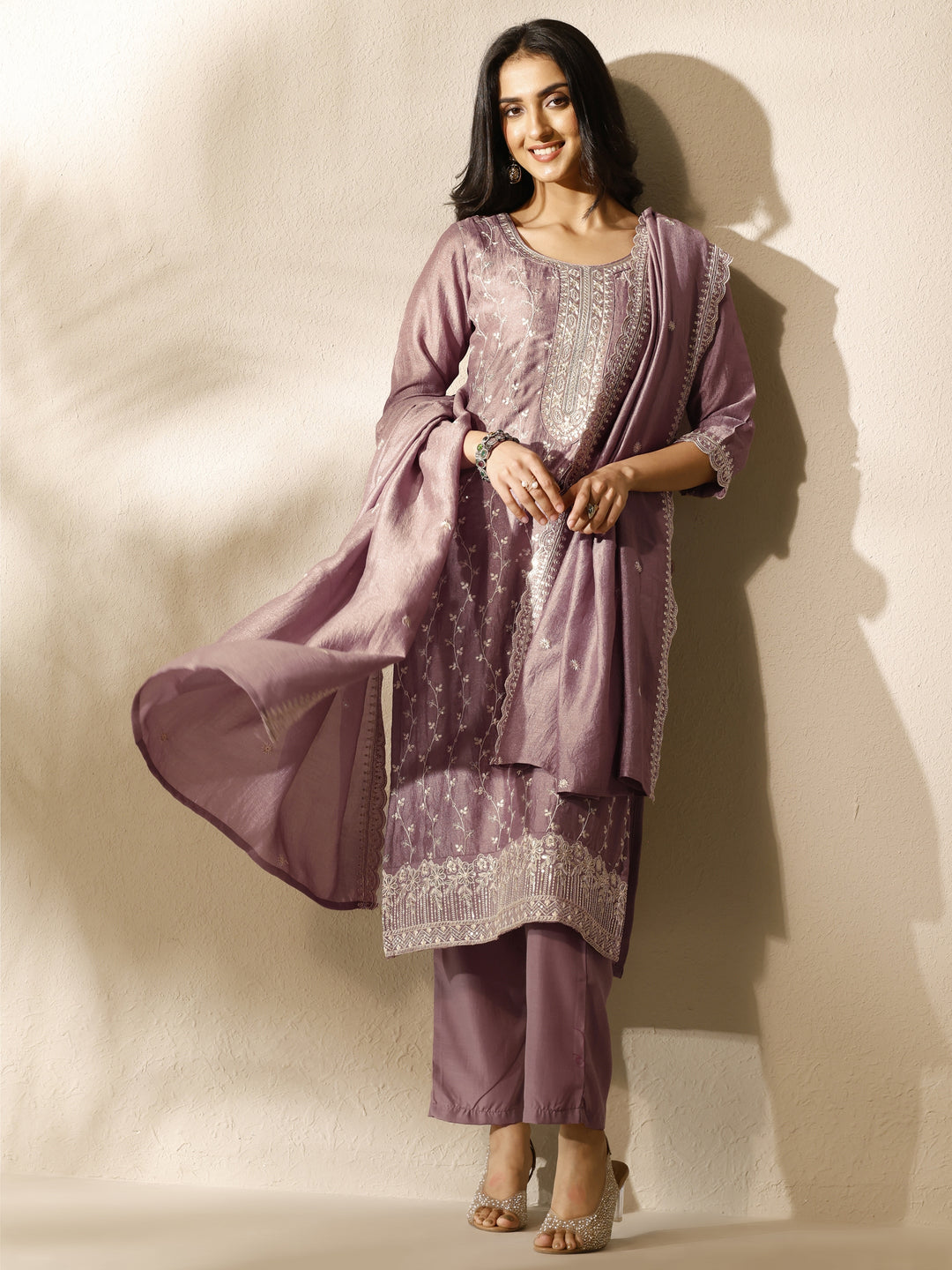 Mauve Embroidered Silk Blend Straight Suit Set With Dupatta