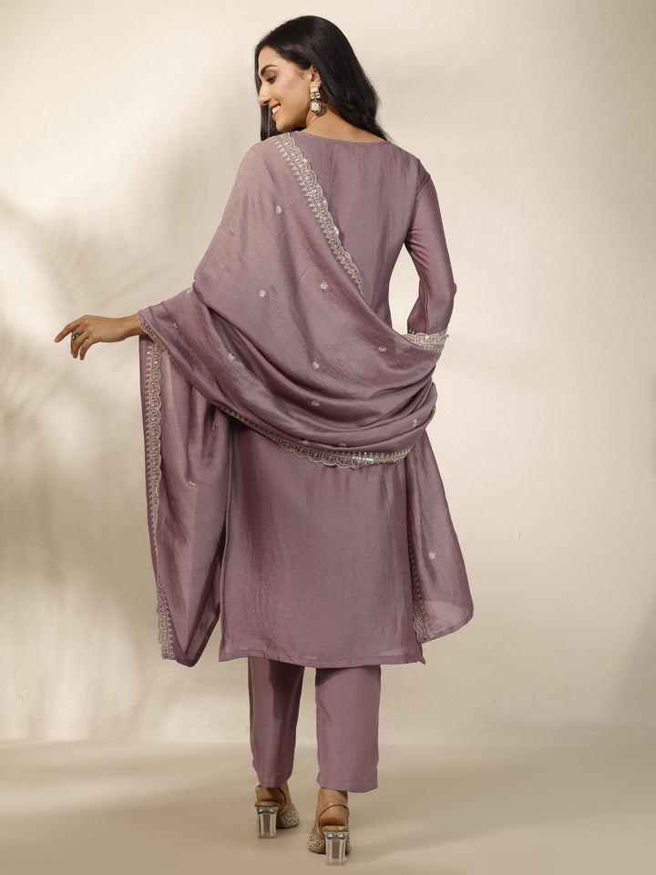 Mauve Embroidered Silk Blend Straight Suit Set With Dupatta