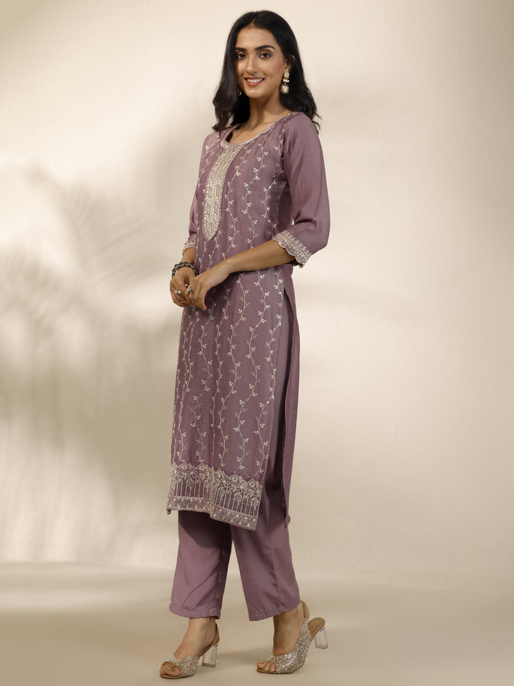Mauve Embroidered Silk Blend Straight Suit Set With Dupatta