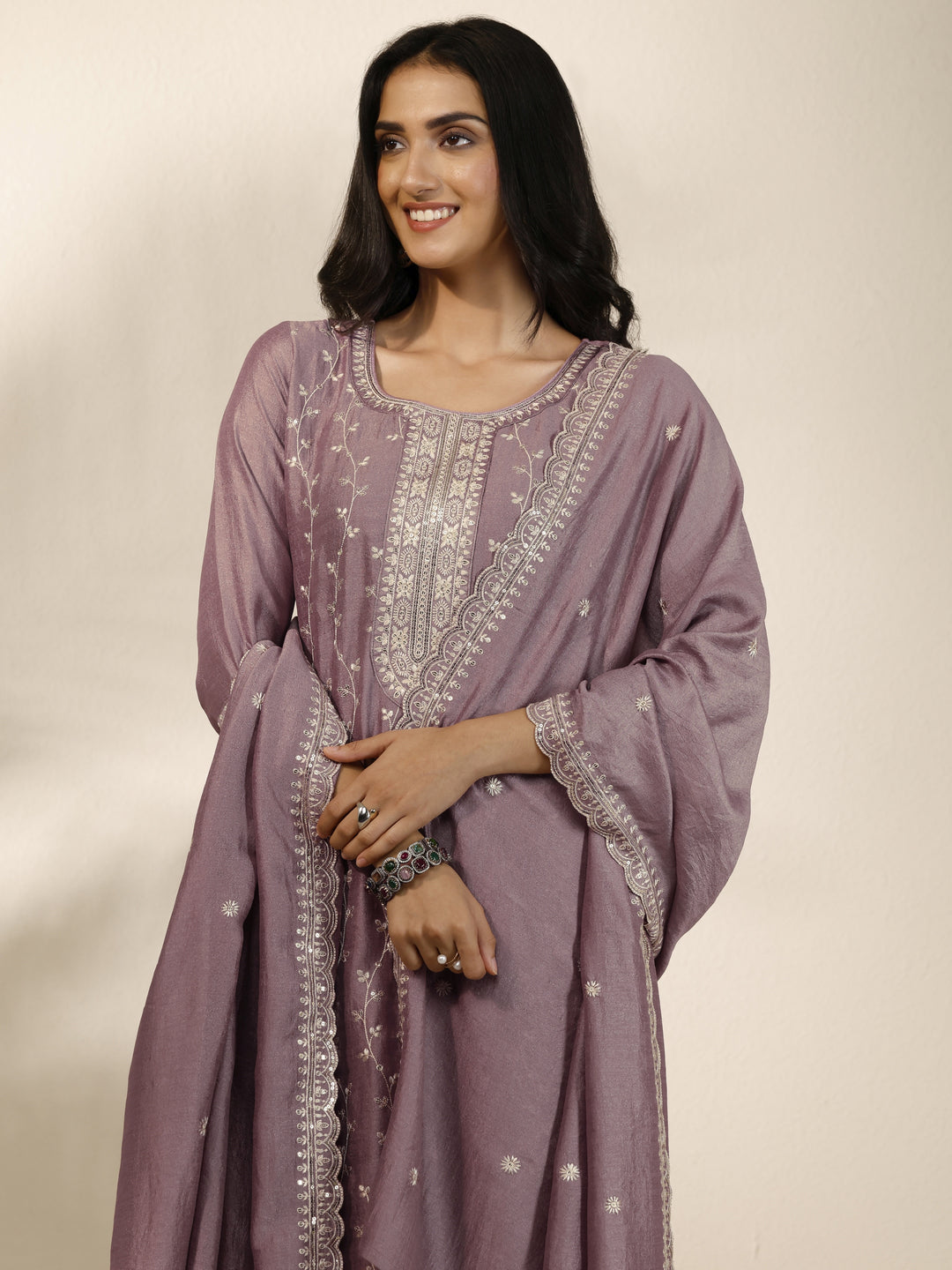 Mauve Embroidered Silk Blend Straight Suit Set With Dupatta