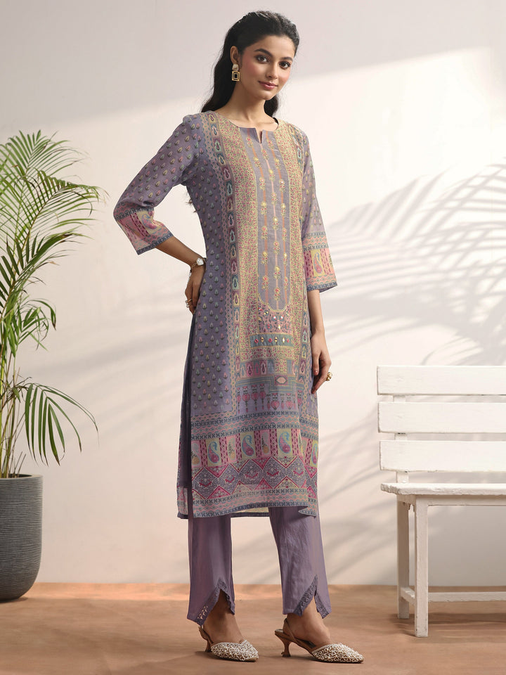 Lavender Printed Linen Straight Suit Set With Dupatta