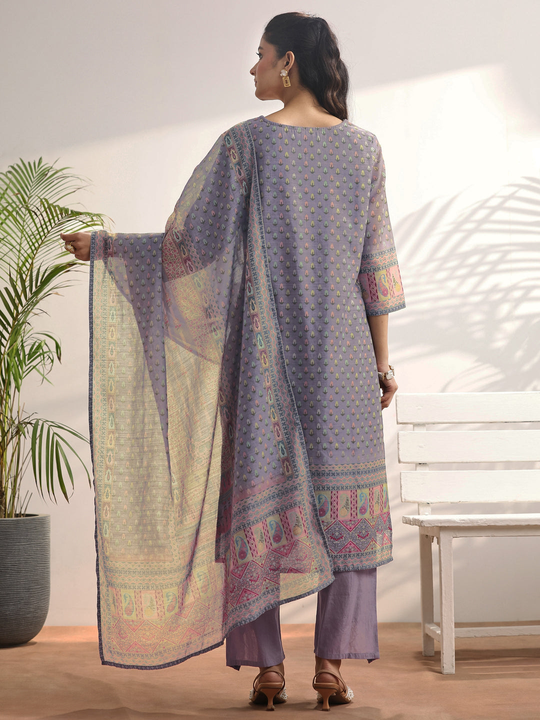 Lavender Printed Linen Straight Suit Set With Dupatta