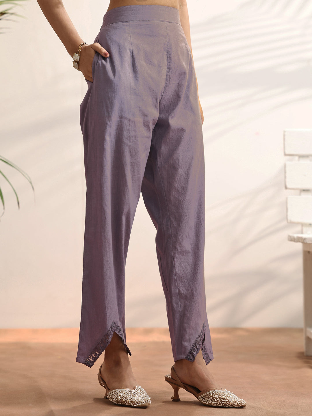 Lavender Printed Linen Straight Suit Set With Dupatta