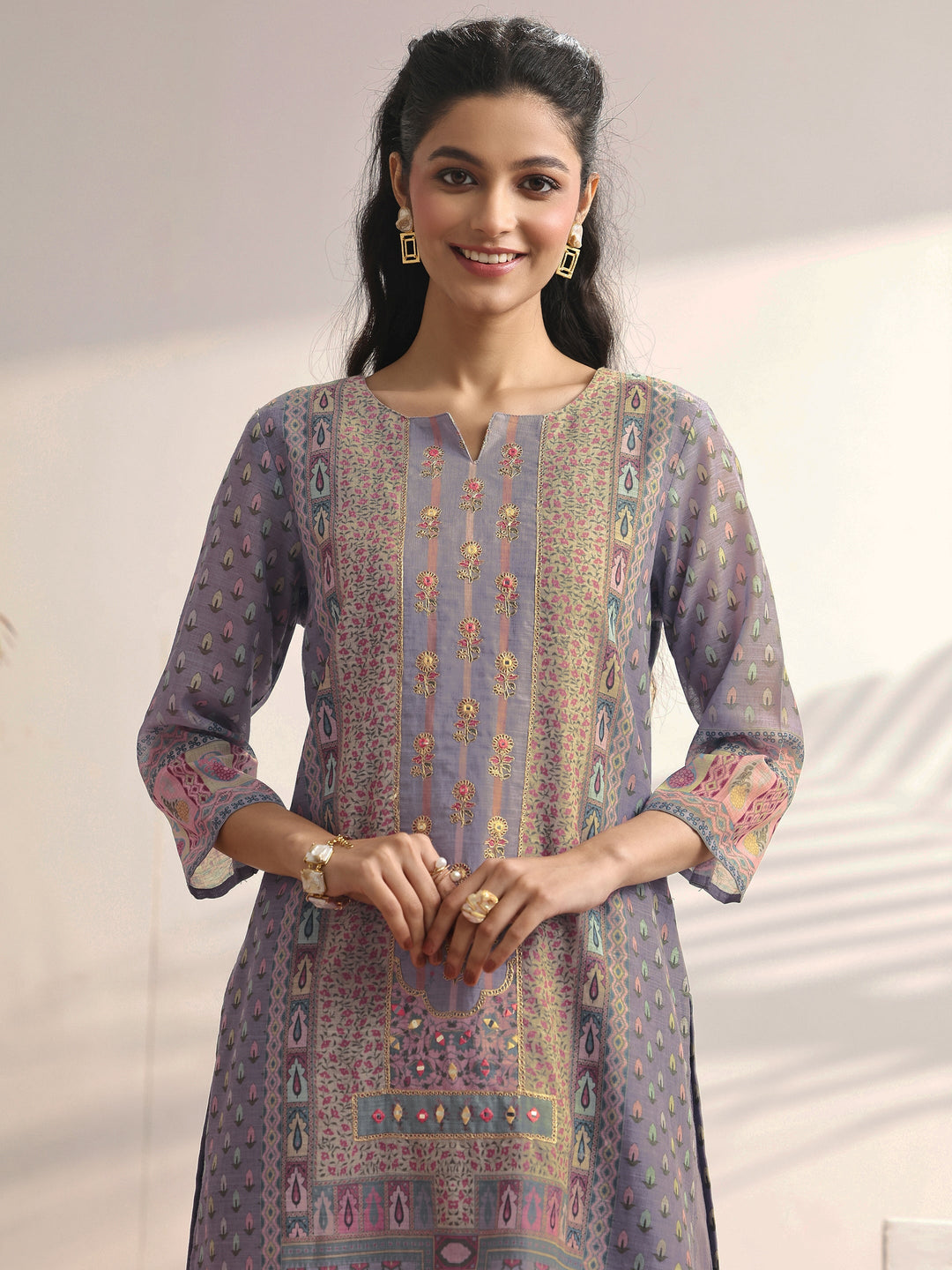 Lavender Printed Linen Straight Suit Set With Dupatta