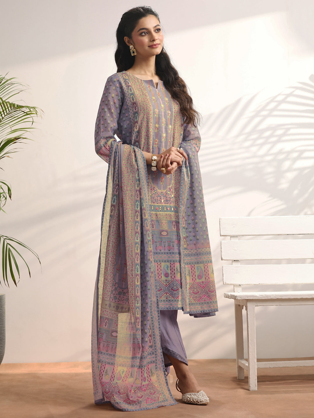 Lavender Printed Linen Straight Suit Set With Dupatta