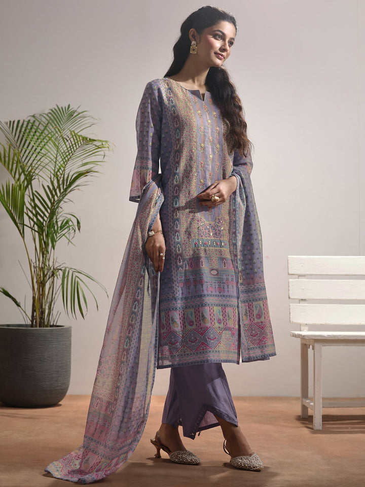 Lavender Printed Linen Straight Suit Set With Dupatta