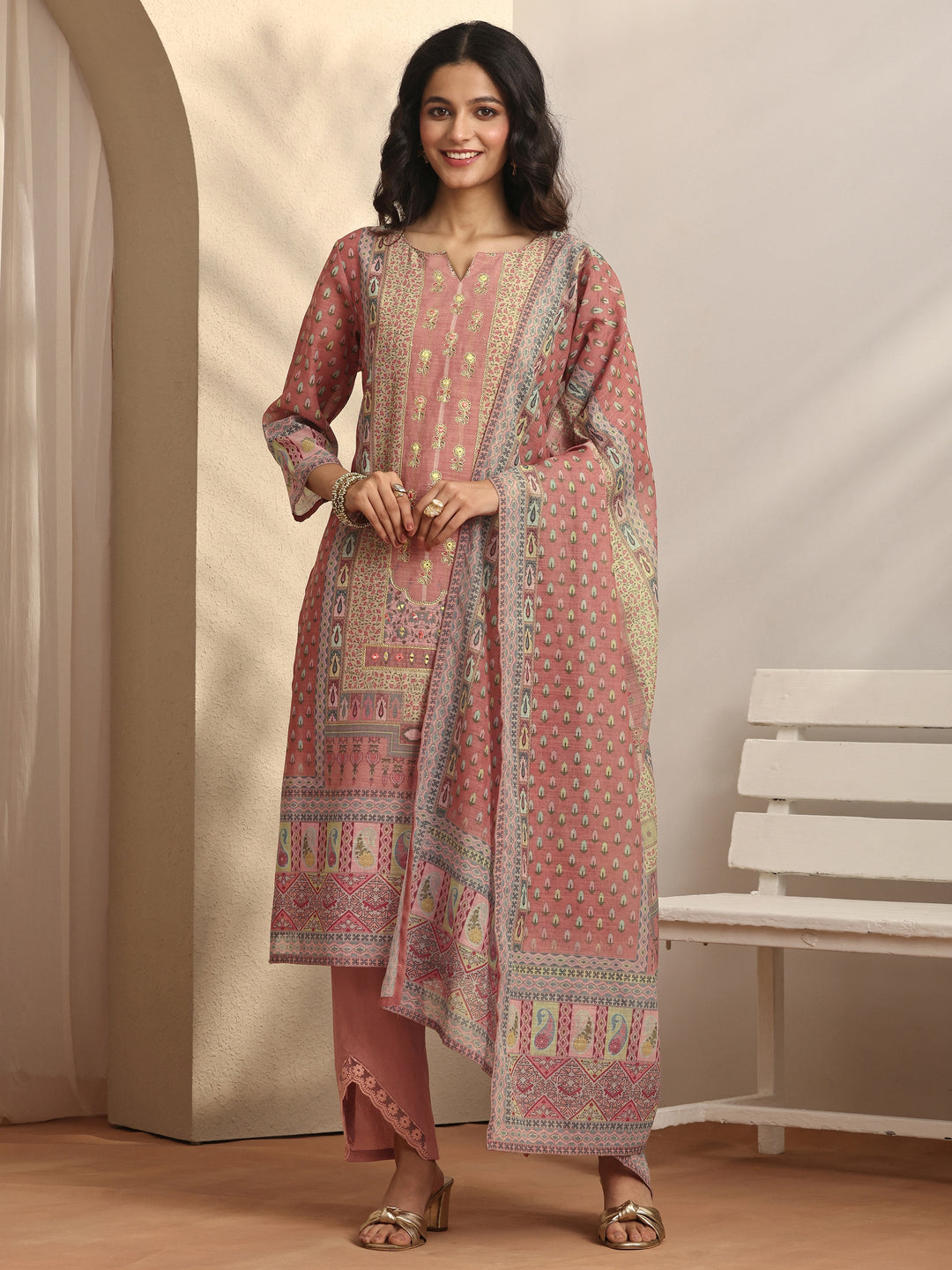 Pink Printed Linen Straight Suit Set With Dupatta