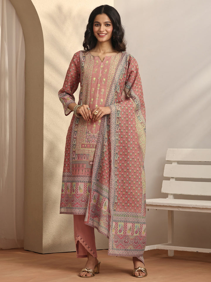 Pink Printed Linen Straight Suit Set With Dupatta