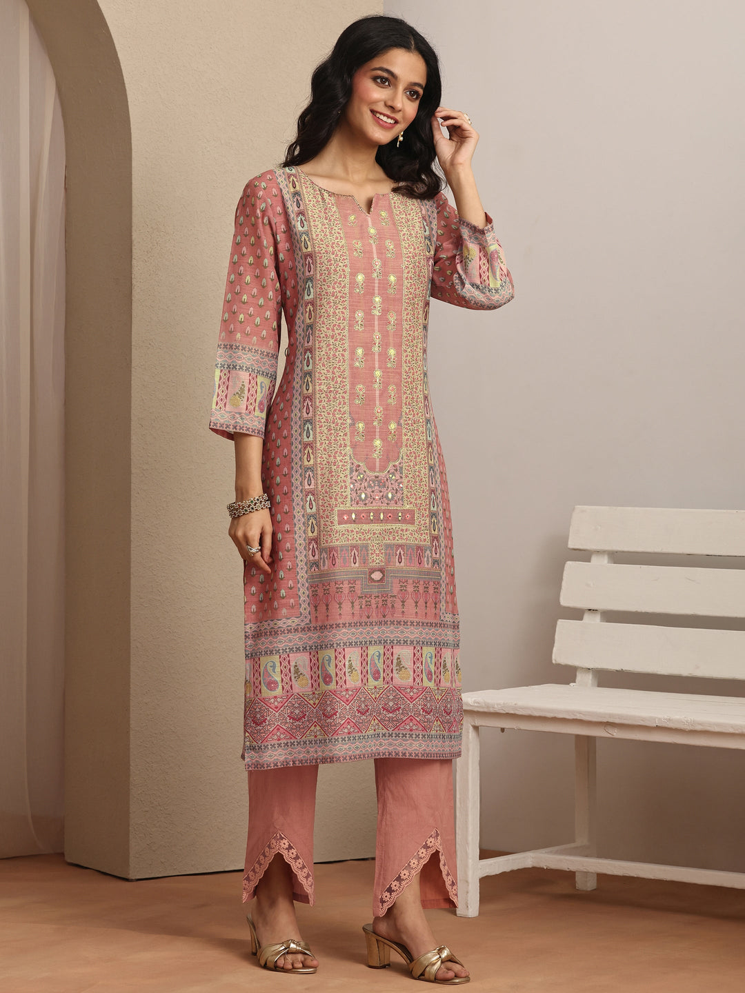 Pink Printed Linen Straight Suit Set With Dupatta