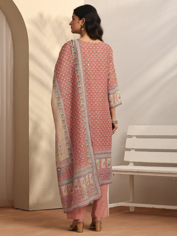 Pink Printed Linen Straight Suit Set With Dupatta
